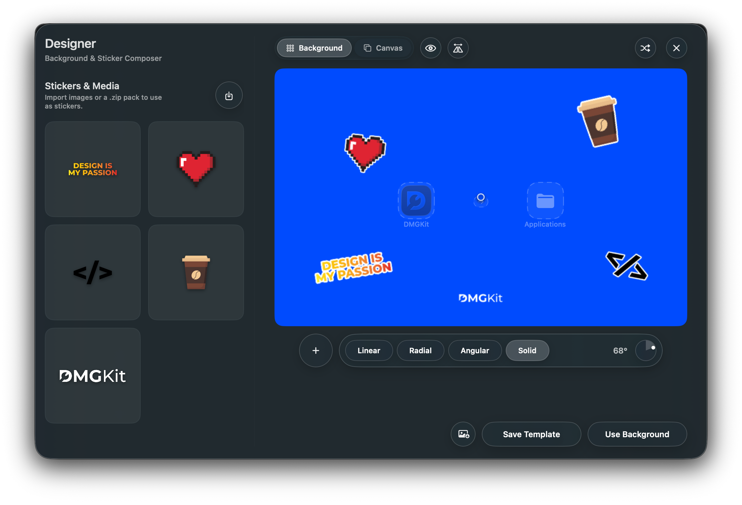 DMGKit visual DMG designer screen