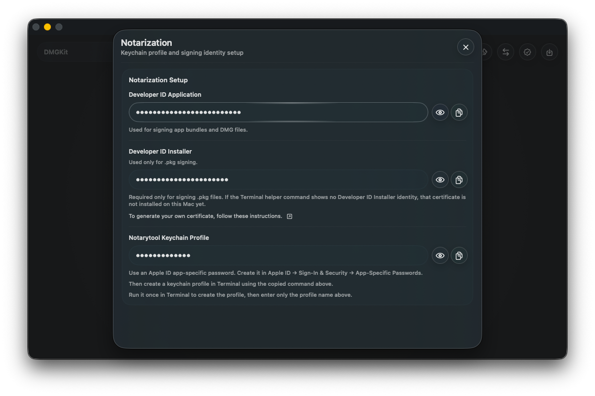 DMGKit signing and notarization workflow